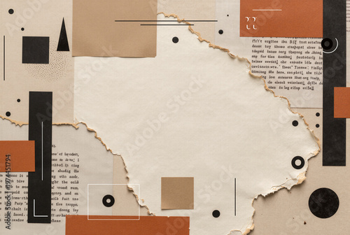 Creative scrapbook collage design featuring ripped vintage paper pieces dried botanical leaves and abstract shapes for nostalgic journaling and elegant craft concepts.