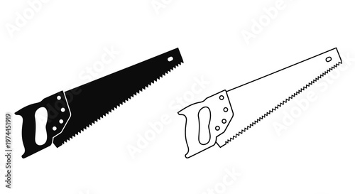 Two hand saws depicted in black and white showing different perspectives