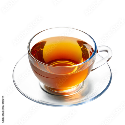 Photos Hot Tea in Glass Cup with Saucer, Isolated on White Background, Transparent Herbal Drink Closeup, clean background