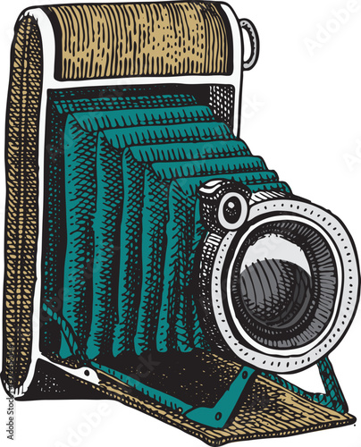 Isolated on a white background, this vintage retro camera vector illustration features a classic antique film lens and black photographic equipment, capturing the essence of old photography