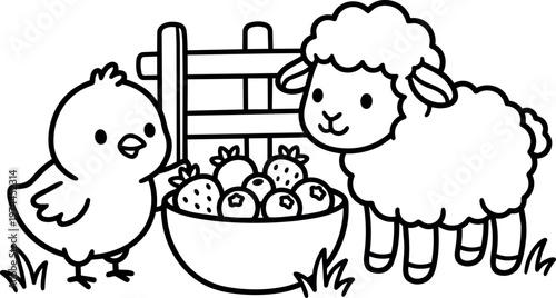 Cute chick and fluffy sheep with bowl of fruit near wooden fence black and white line art