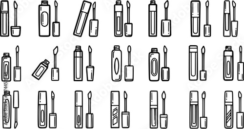 Black and White Line Art Icons of Mascara Bottles and Applicators, Makeup Cosmetics Collection