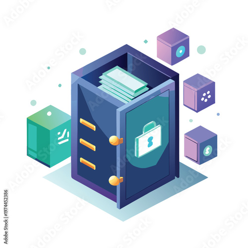 Isometric illustration of a secure safe with documents inside