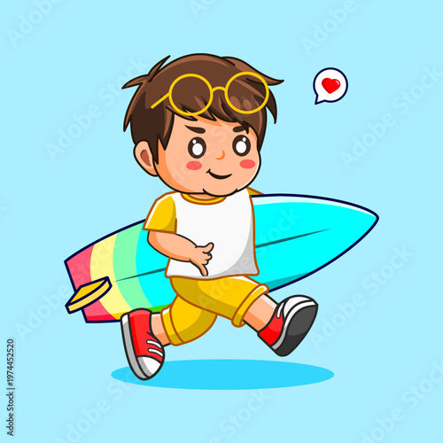 Cute cartoon boy running with surfboard Ready for Surfing this Summer Vector Illustration