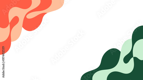 Abstract colorful orange and green organic shapes on white background with flowing curves and decorative motifs.