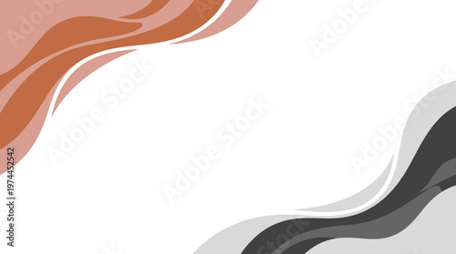 Abstract flowing ribbons in warm browns and cool grays on white negative space.
