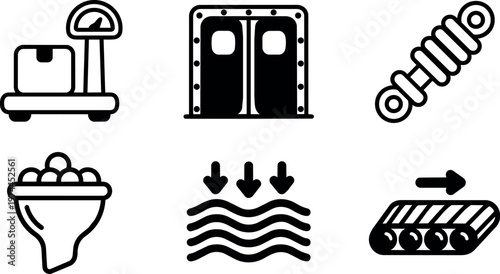 Black and white industrial scale doors shock absorber corn kernel hopper pressure flow conveyor vector art
