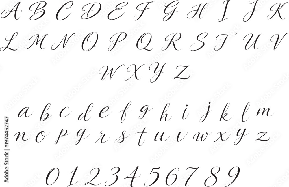 Naklejka premium Elegant thin calligraphy alphabet letters and numbers, Handwritten script font with uppercase, lowercase, and numerals, for wedding, branding, and invitation design, Scalable vector