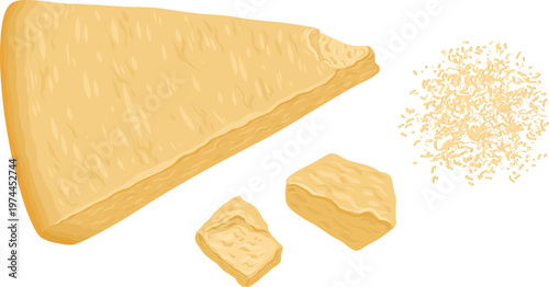 Parmesan cheese set top view vector doodle illustration. Italian food cartoon drawing for menu and restaurant template. Isolated grated and triangle piece for culinary product graphic design.
