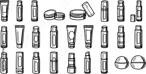 Black and White Line Art Collection of Cosmetic and Skincare Product Icons