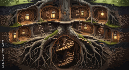 Magical Underground Root Dwelling with Lit Chambers Spiral Staircase and Lanterns Fantasy Tree House Interior Vector Illustration