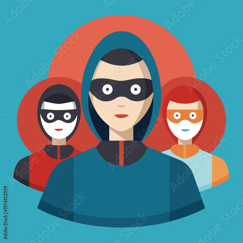 Three masked figures in a flat colorful vector illustration style