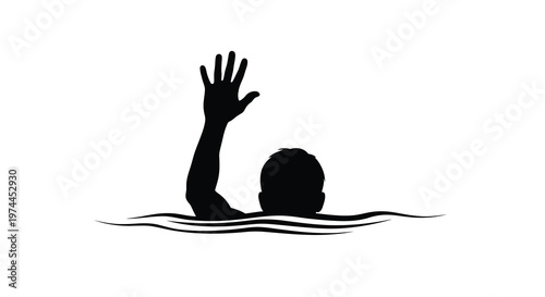 Silhouette of a person drowning raising a hand for help