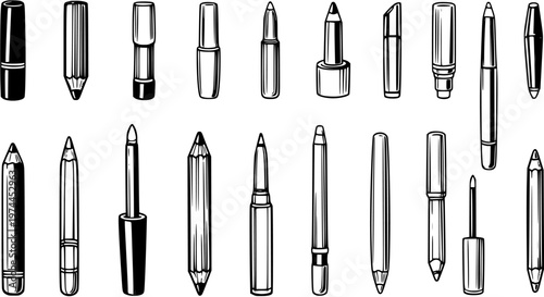 Black and White Line Art of Makeup and Cosmetic Pencils and Applicators