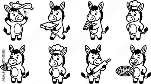Black and white donkey cartoon cooking pizza with chef hat and rolling pin vector art