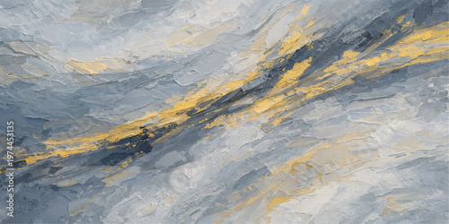 Abstract artistic, a dynamic composition of textured brushstrokes in shades of gray and gold intertwining to create an artistic abstract design, with a modern and elegant aesthetic.