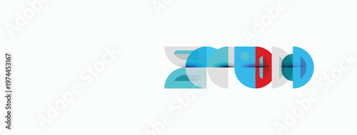 Abstract graphic design features overlapping blue, red circles. Text 200 appears stylized within shapes. Minimalist composition, clean aesthetic.