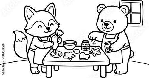 Fox and bear decorating cookies on table