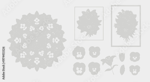 Vector illustration of set of pansy flowers and floral decorative elements in a vintage style on a transparent background