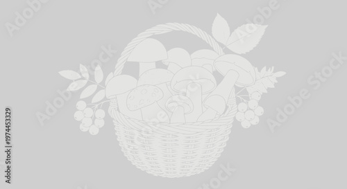 Vector illustration of basket full of mushrooms and rowan berries on a transparent background