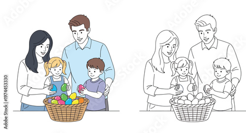 Happy Family Celebrating Easter with Basket of Eggs Illustration and Coloring Page Outline Vector Cartoon of Parents and Kids Holding Colorful Easter Eggs for Holiday Activity