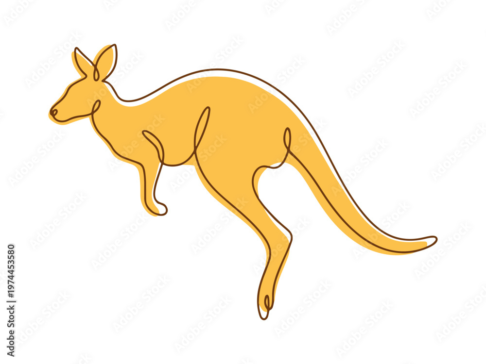 Fototapeta premium Modern one-line art illustration of a jumping kangaroo with a yellow color fill, ideal for minimalist logos, nature icons, and Australian-themed graphic designs.