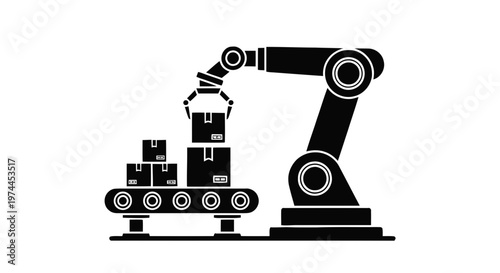 Vector illustration of industrial robotic arm picking up a box from a conveyor belt on a transparent background