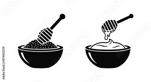 Vector illustration of honey dipper with bowl of honey and bowl of sugar icons on a transparent background
