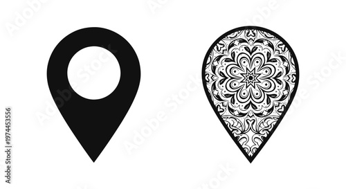 Vector illustration of set of map pointer icons, simple black pin and decorative mandala style pin on a transparent background