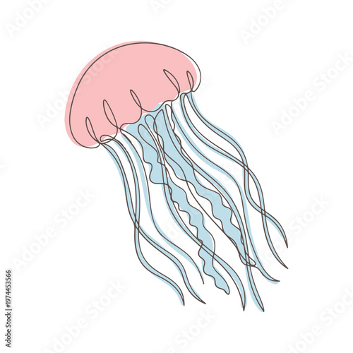 A clean, modern continuous line drawing of a jellyfish, featuring a soft pink bell and flowing blue tentacles on a white background.