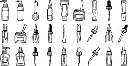 Black and White Line Art of Various Skincare Bottles and Droppers, Beauty Products Collection