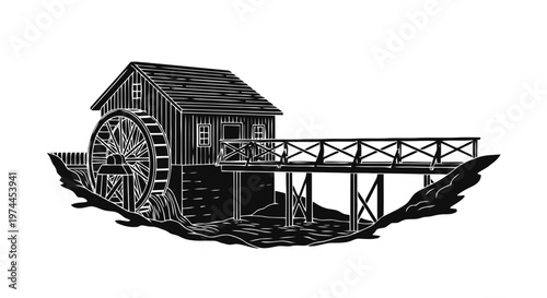 Vector illustration of vintage woodcut style illustration of a water mill with a wooden bridge on a transparent background