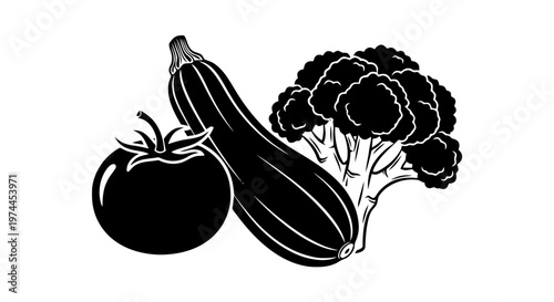 Vector illustration of fresh vegetables set including tomato, zucchini and broccoli on a transparent background