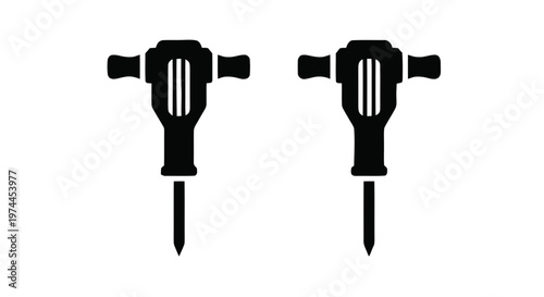 Vector illustration of two black silhouette icons of jackhammers for construction work on a transparent background