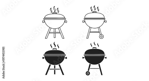 Vector illustration of set of barbecue grill icons, kettle charcoal grills with smoke on a transparent background