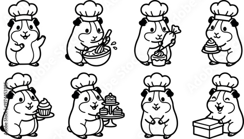 Black and white line art guinea pig chef cooking and baking set