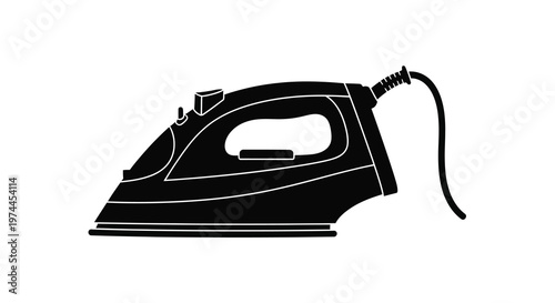 A black and white silhouette of a modern steam iron with a cord