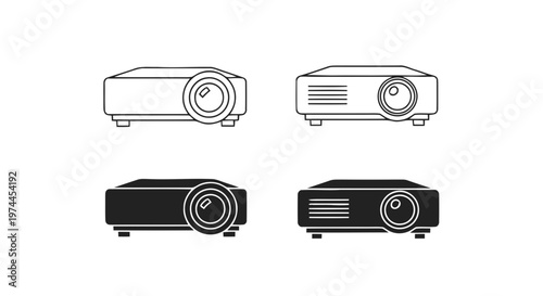 Vector illustration of set of projector icons, multimedia equipment for presentations on a transparent background