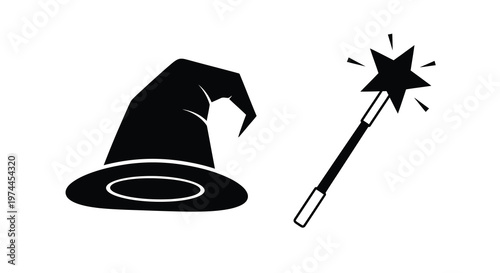 A black wizard hat and magic wand with a sparkling star
