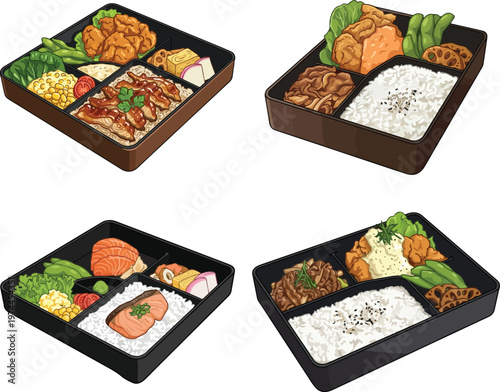 Vector set of bento box meals with rice, meat, veggies, colorful Japanese lunch food illustration style