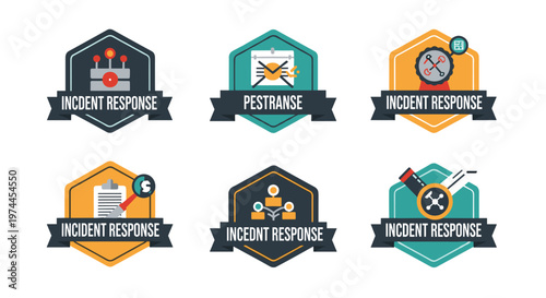 Collection of six distinct hexagonal badges featuring clean line vector graphics symbolizing incident response, crisis management, and problem-solving with diverse icons like