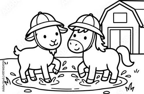 Black and white line art farm animals wearing pith helmets splashing in a puddle near barn