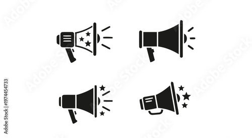 Vector illustration of set of megaphone icons with stars and sound waves on a transparent background