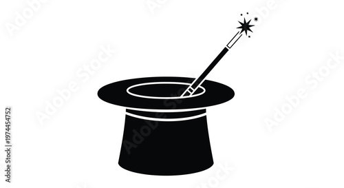 A black silhouette of a magician s hat with a sparkling wand inside