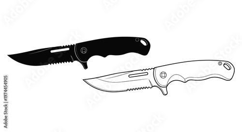 Two contrasting pocket knives one black one white in outline style