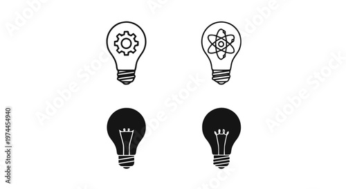 Vector illustration of set of light bulb icons with gear, atom, and filament symbols on a transparent background