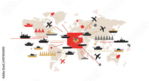 Global military deployment and strategic movement depicted with simplified tanks, naval vessels, and aircraft across continents on a muted world map, utilizing a striking red,