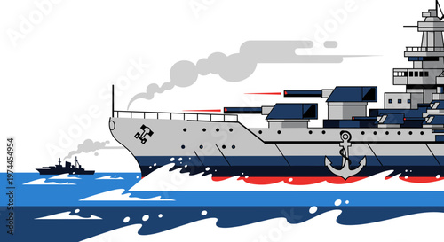 Majestic warship with imposing turrets and anchor sails through choppy blue ocean waves, emitting grey smoke plumes, accompanied by a smaller vessel in the distance, conveying