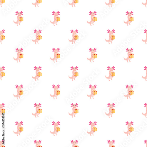 Cute axolotl characters holding a wrapped gift creating a seamless festive pattern