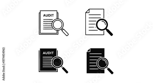 Vector illustration of set of audit document icons with magnifying glass for financial inspection on a transparent background